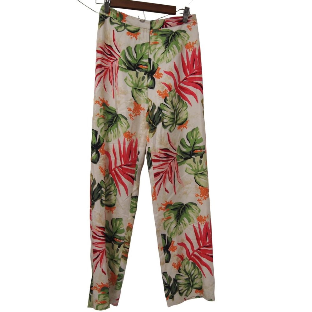 Talbots Womens Pants 4 100% Silk Tropical Hawaiian Floral White Straight Leg
